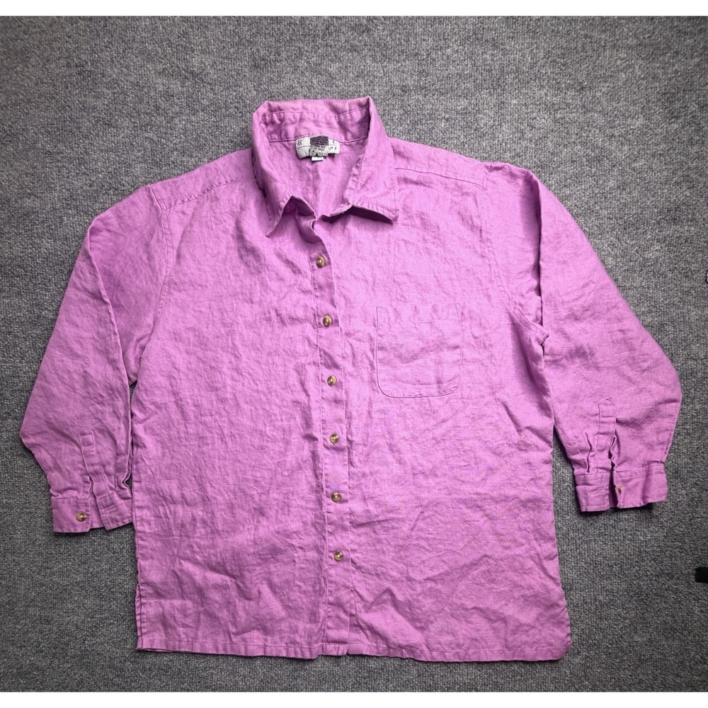 Real Comfort Women's Pink 100% Linen Button Up Long Sleeve XL Shirt Boho